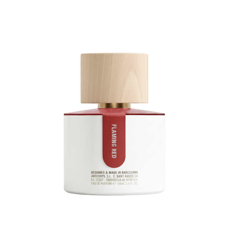 Flacon du parfum Flaming Red – Parfum de niche épicé et ambré.