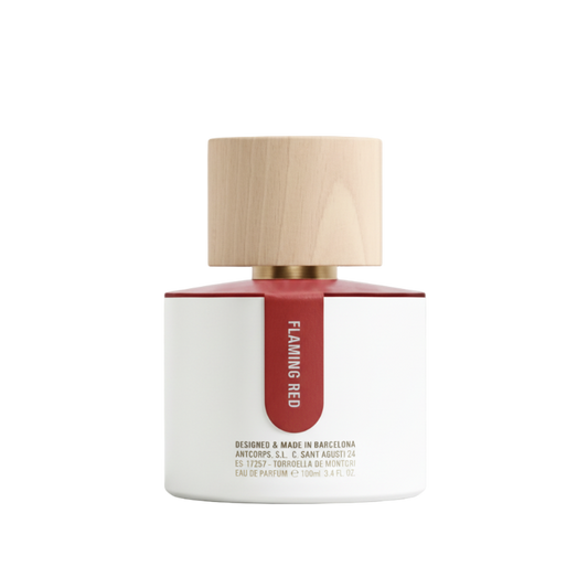Flacon du parfum Flaming Red – Parfum de niche épicé et ambré.